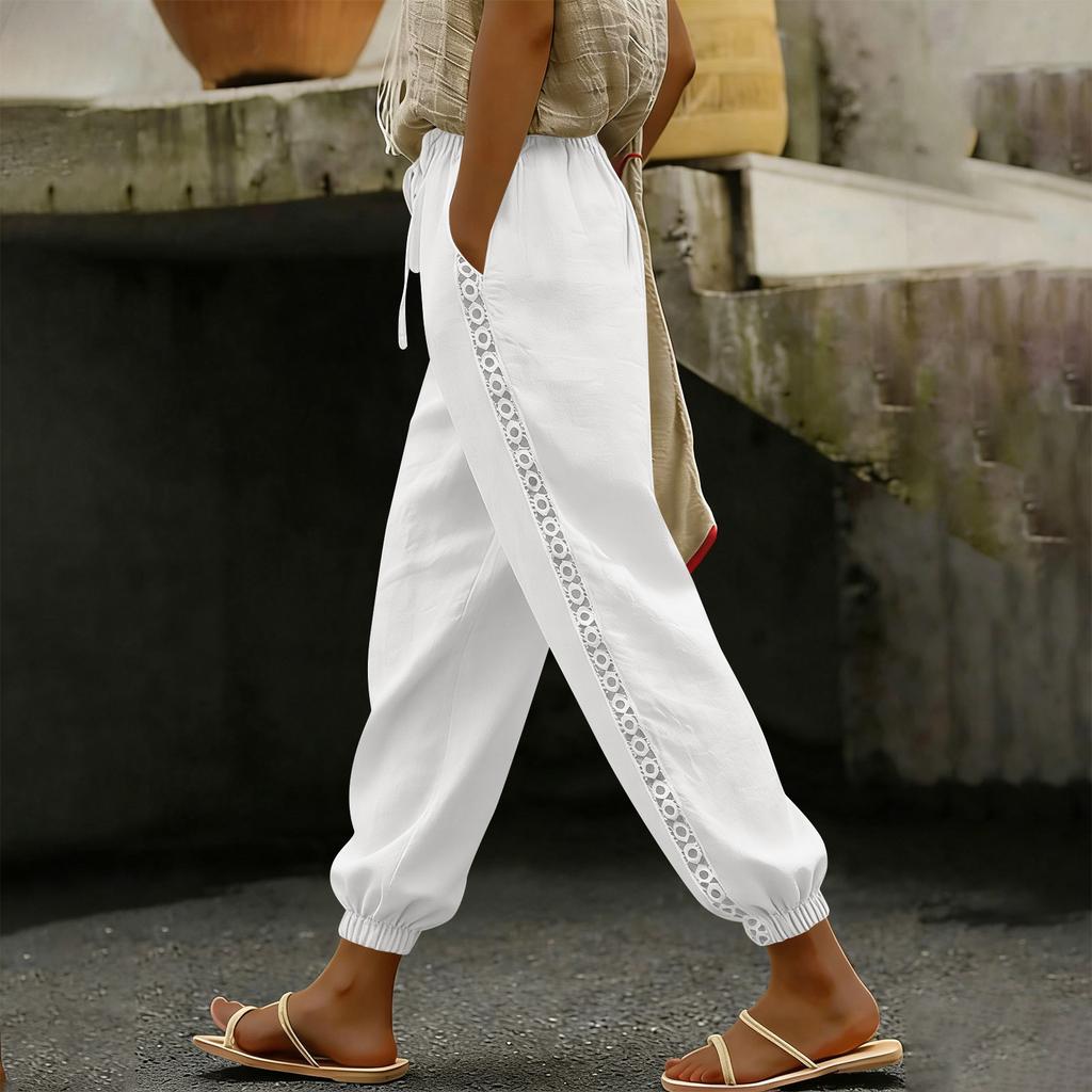 Women's Fashion Color Elastic Waist Drawstring Pocket Side Lace Small Legs Loose Casual Pants