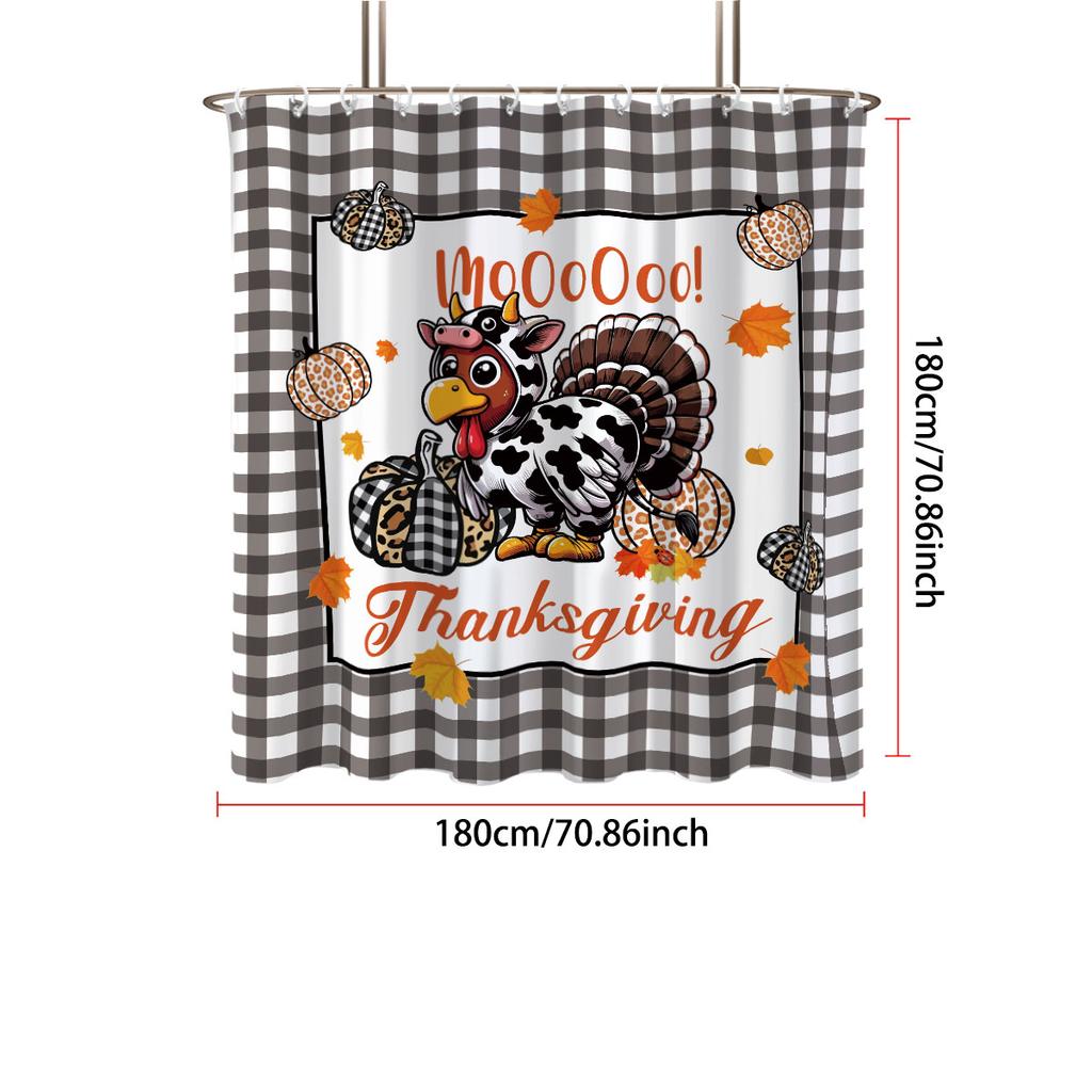 1Pc Thanksgiving Turkey Print Waterproof Shower Curtain, Bathroom Partition Privacy, Multiple Sizes, 12 Hooks, Easy To Install