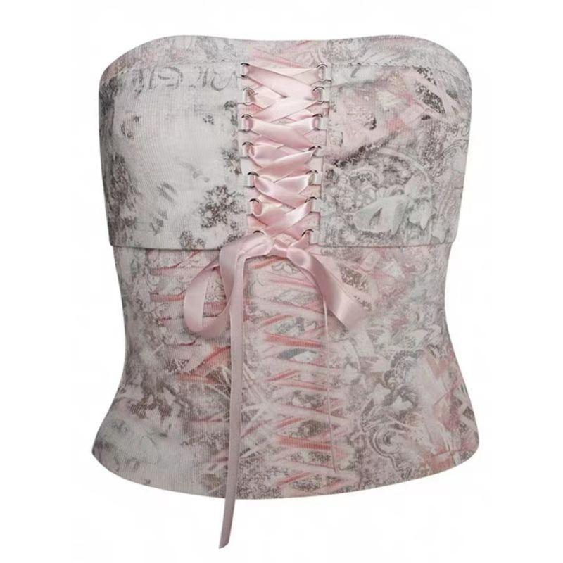 Iamgia Fashion Sexy Ballet Style Pink Ribbon Cross Bows Tube Top Tight Crop Top Short Top