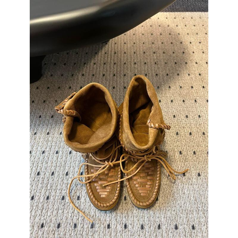 Cowhide Inner Heightening Retro Fringed Strap Western Boots Women's Genuine Leather Woven Medium Tube Stack Boots Ruffled Martin Boots