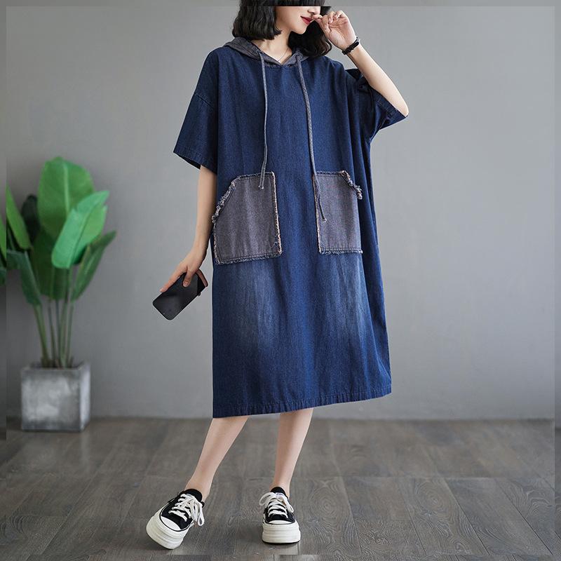

Платье Большого Размера Миди Длинное Свободное Повседневное Модное С Капюшоном С Коротким Рукавом Джинсовые Платья 2025 Женское Летнее Свободное Платье с Дырками 2XL синий