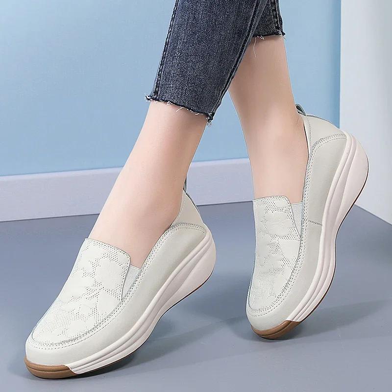 Fashion Spring Shoes for Women Fashion Thick Sole Slip-on Loafers Ladies Leather Hollow Casual Shoes Breathable Light Platform Sneakers