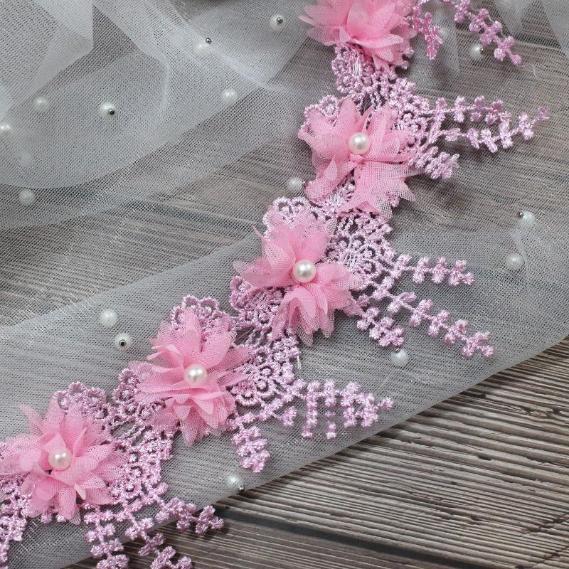 

Белый 3D шифон роза кружевная ткань цветок жемчужные бусины свадебный декор кружевная лента DIY ремесло 8.5 см в ширину розовый