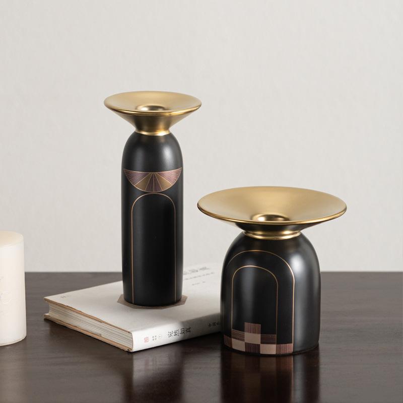 Ceramic Vase Candlestick Candle Stand Golden Tray Flower Vase Flower Arrangement Accessories Home Decoration Plant Pot