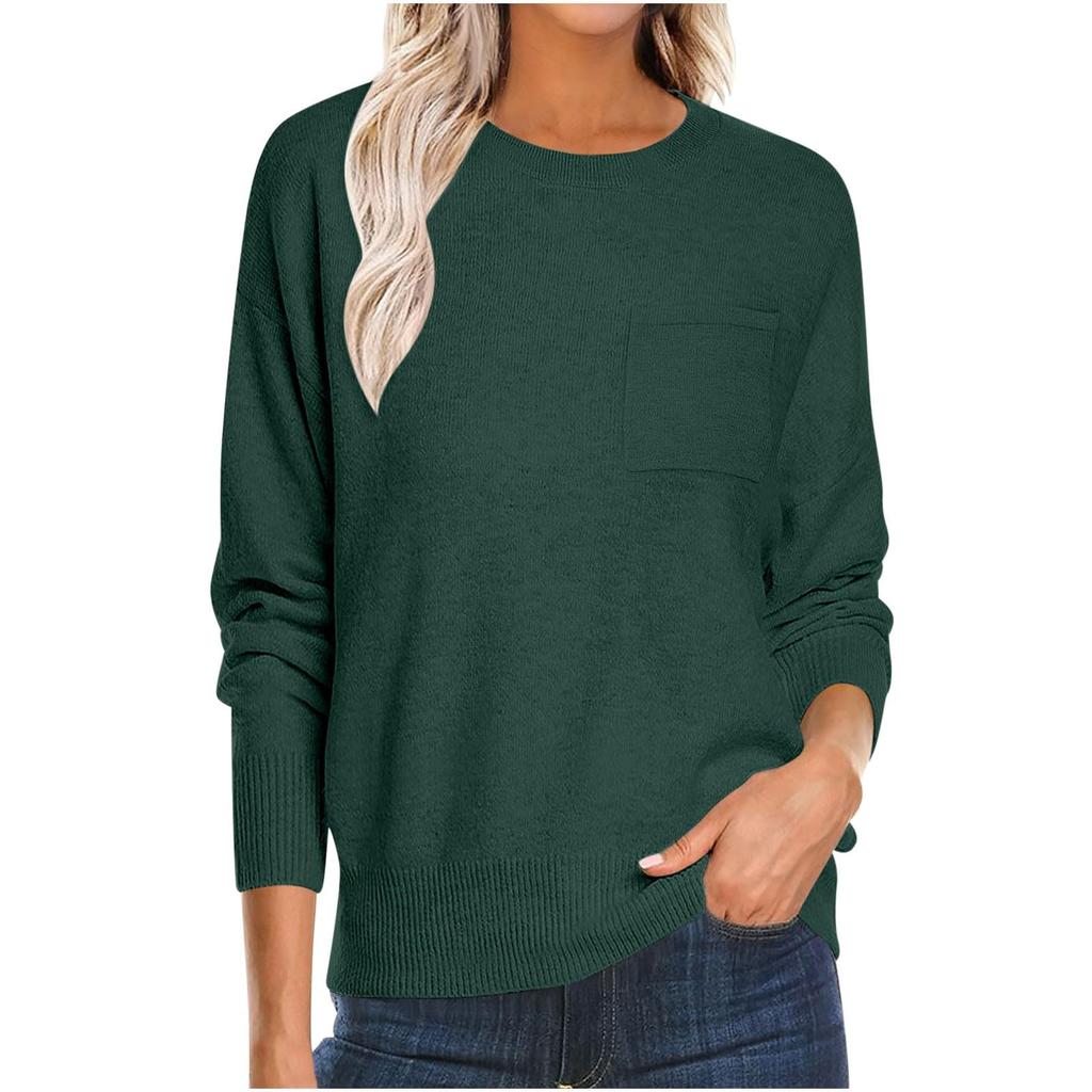 Women's Fashion Round Neck Pullover Sweater Casual Versatile Solid Color Knit Top