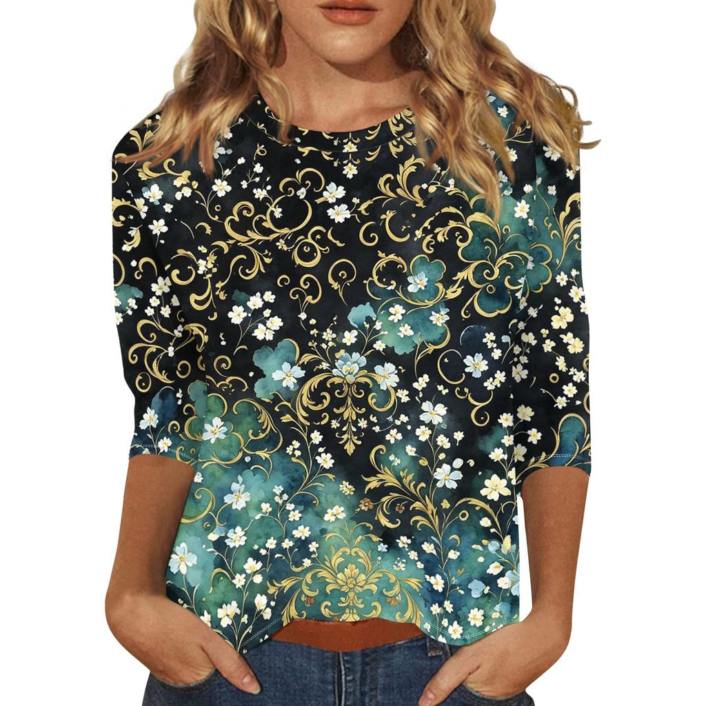 Womens Casual Floral Print Three Quarter Sleeve Round Neck Top Lightweight Comfortable Fit Soft Fabric Blouse for Everyday Wear