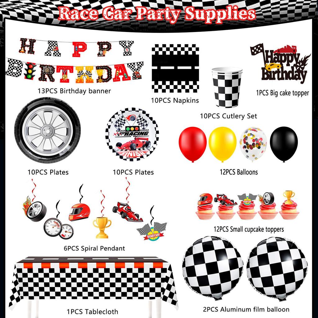 Rennauto-Geburtstagsdekorationen, Rennauto-Geburtstagsparty-Dekorationen, Partygeschirr-Set, Geburtstagsteller, Servietten, Luftballons, hängende Wirbel usw.