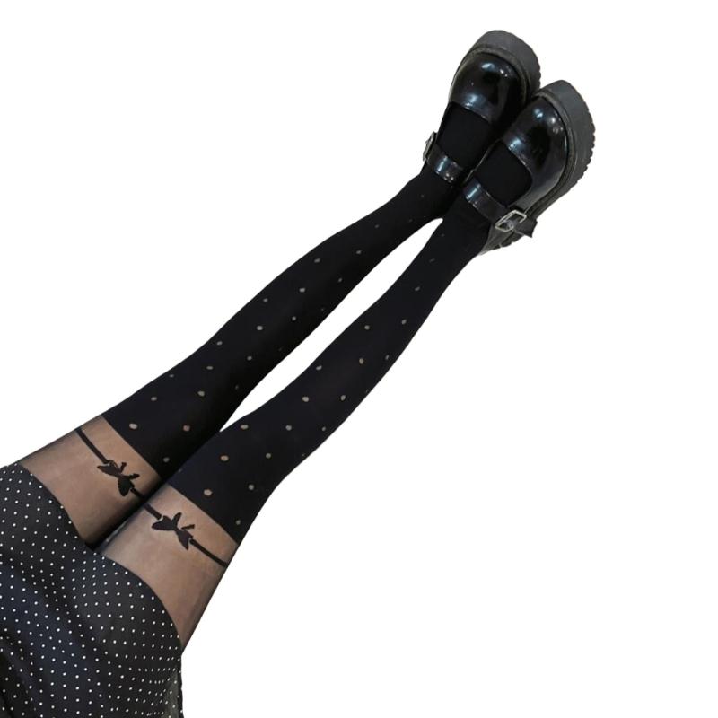 Sexy Women Faux Thigh High Socks Pantyhose Japanese JK Cute Jacquard Pattern Patchwork Stockings Mock Suspender Tights