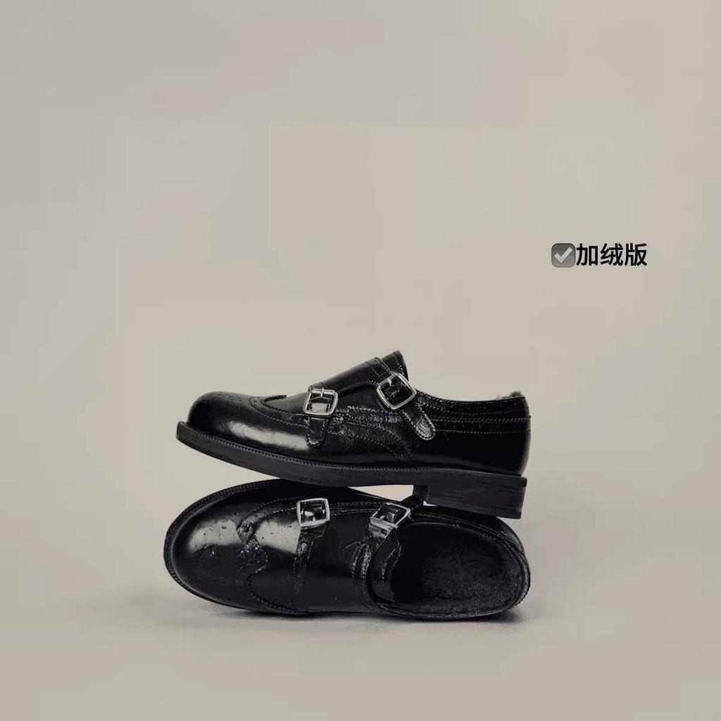 Retro double buckle thick heel small leather shoes women's spring and autumn new versatile engraved outer single shoes