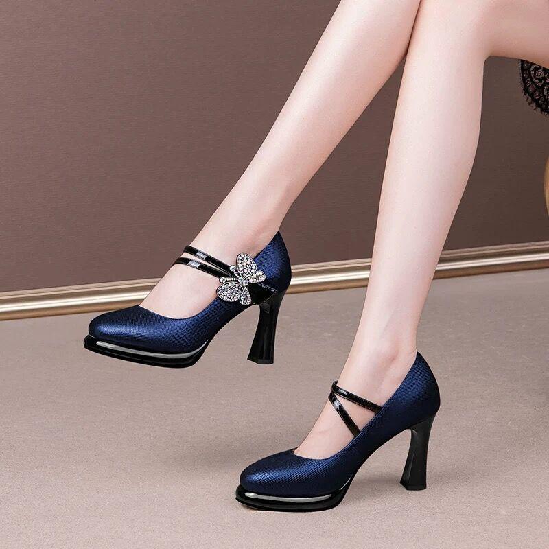 FHC New Cowhide Leather Office Lady Work Shoes,Women Platform Pumps,Rhinestone Bowtie High Heels,Round Toe,Black,Blue,Dropship