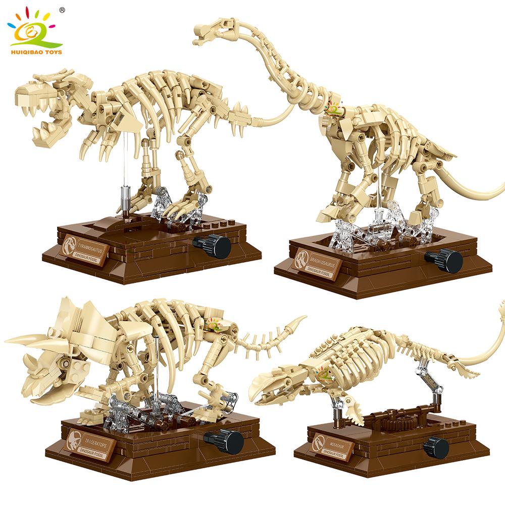 HUIQIBAO Dinosaurierskelett Fossil Modell Bausteine Triceratops Velociraptor Dino Jurassic Serie Steine für Kinder Spielzeug