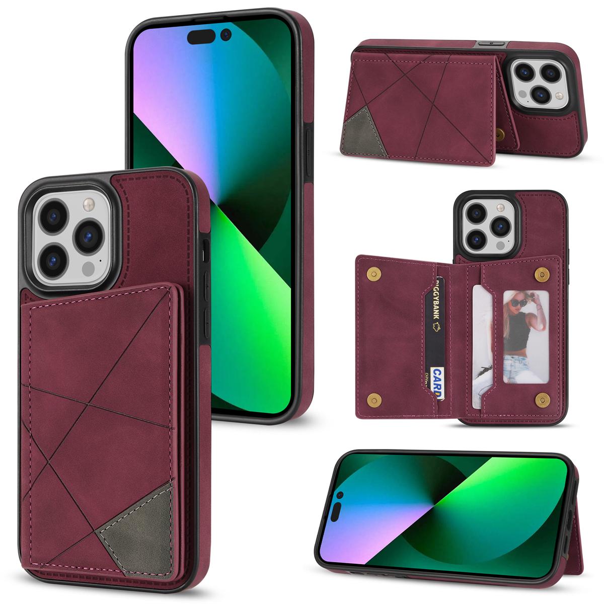 

For iPhone 16 Pro Max Wallet Case Leather Phone Cover Line Imprinted Color Splicing Red