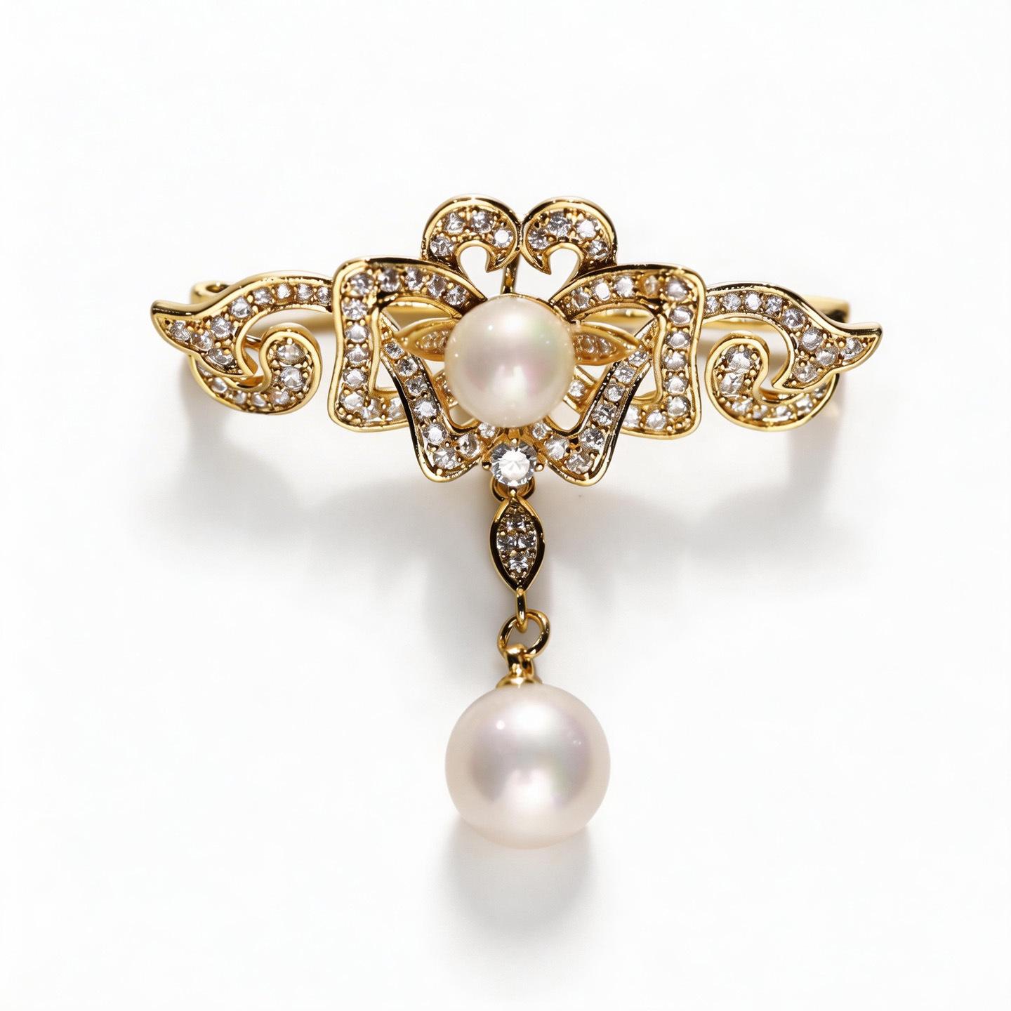 European Court-Style Crown Brooch with Zircon and Freshwater Pearl