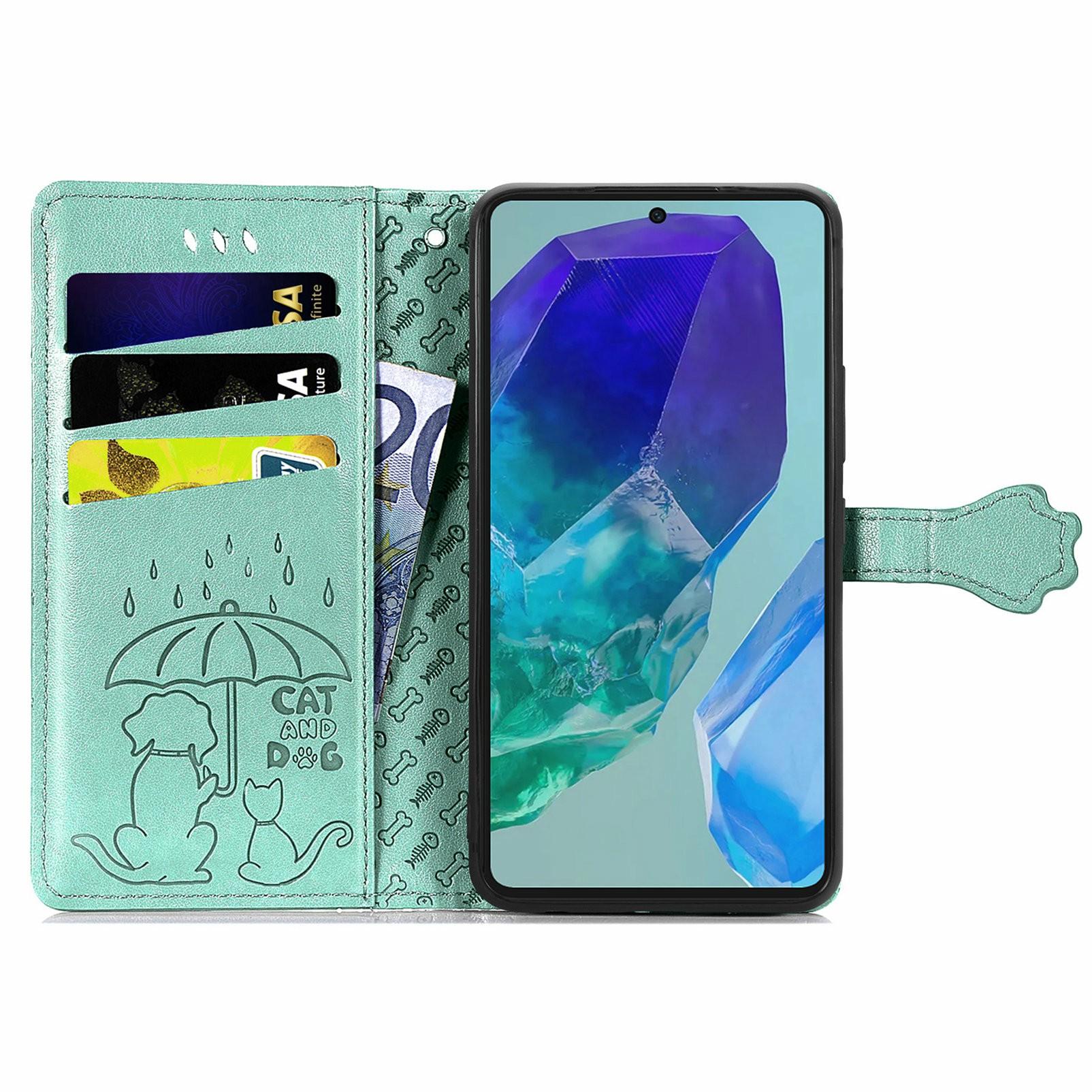 

For Samsung Galaxy S24 FE Leather Wallet Case Flip Phone Cover with Cute Cat Dog Pattern Green