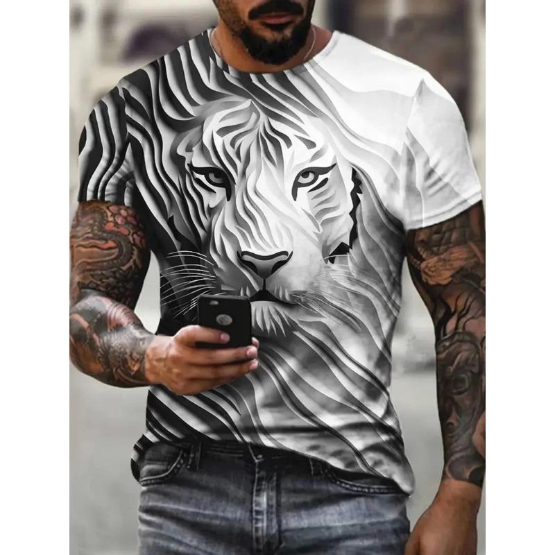 Summer Round Neck Animal Lion Pattern 3D Print Top Fashionable Casual Short Sleeved Men's T-shirts