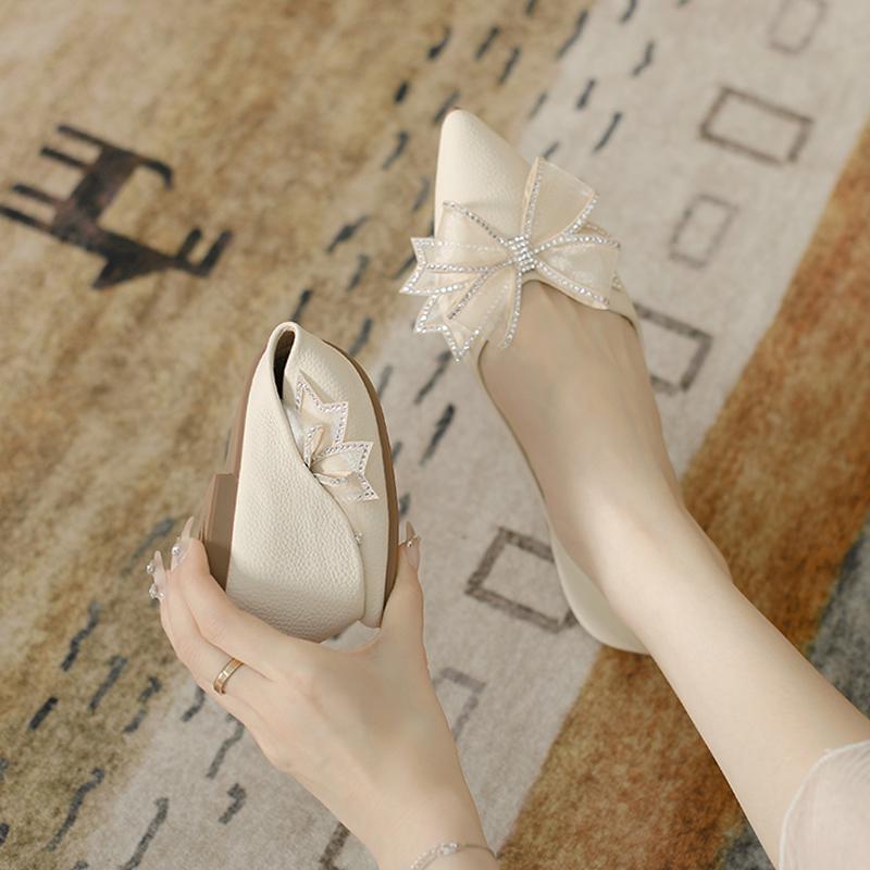 Flat shoes single shoes women's summer pointed 2025 new Doudou shoes shallow bow soft leather wedding shoes evening gentle shoes