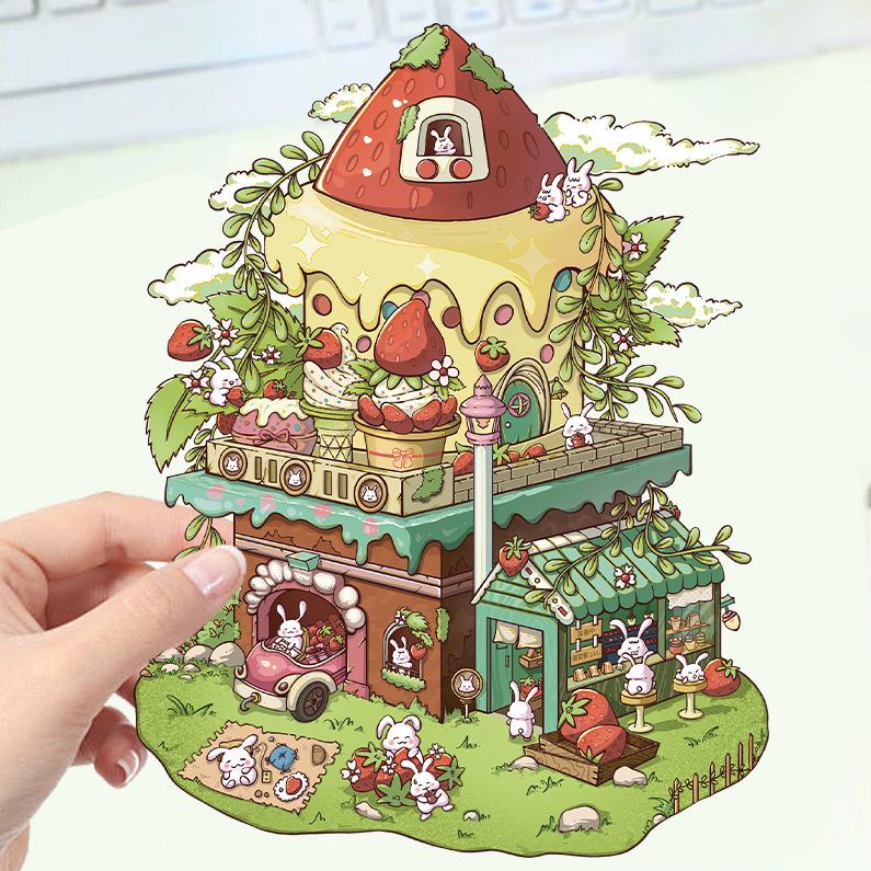 Cartoon Large Strawberry House Landscaping Sticker 3D Miniature World Unzipped DIY Scene Manual