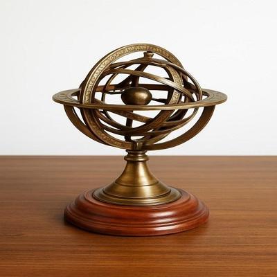 12.7 Cm Brass Armillary Sphere Globe On Wooden Base Nautical Desk Decor