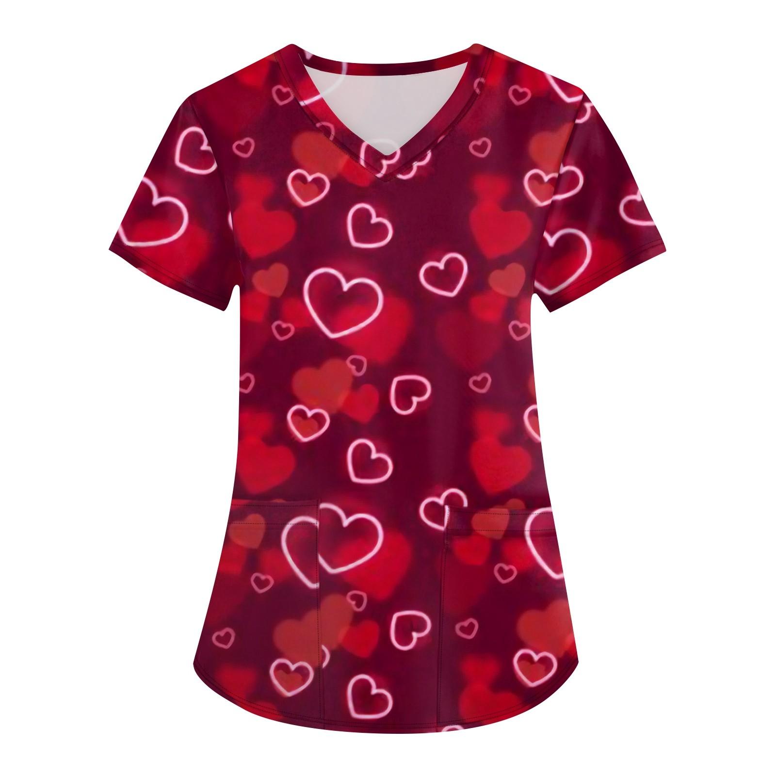 

Женская мода, рабочая одежда с v-образным вырезом, короткими рукавами и карманами, топы с принтом ко Дню святого Валентина M красный