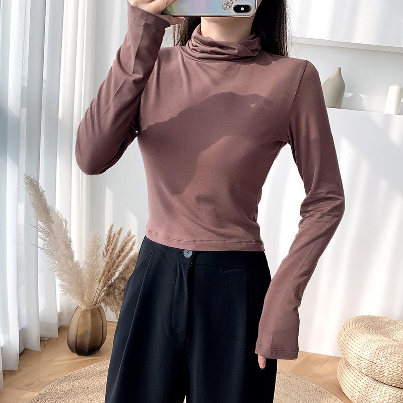 Kadın Dar Kesim Yüksek Yakalı Crop Top Uzun Kollu Gömlek