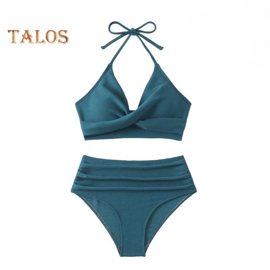 

Комплект из 2 предметов: летний комплект бикини, бюстгальтер с лямками на шее и плиссировкой, плавки с высокой талией, однотонный купальник S зелёный