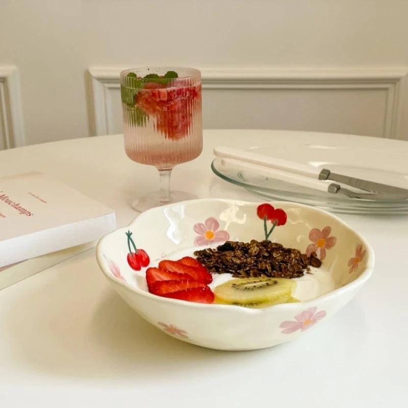 Ceramic Bowl Cream Yellow Handle By Irregularity Dinner Set Plates and Dishes Hand-painted Flowers Salad Yoghurt Breakfast Bowls