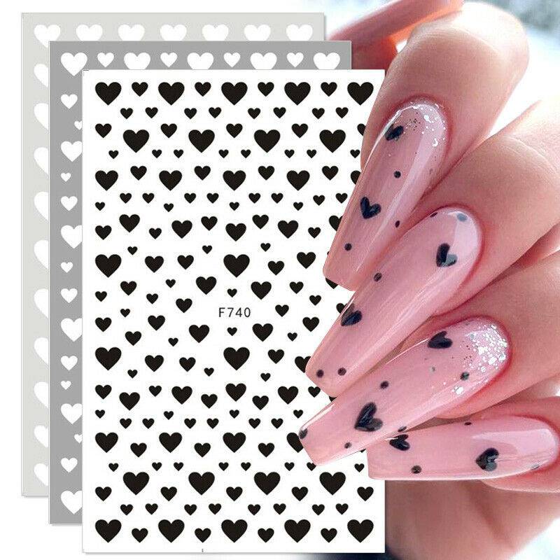 Black White Red Nail Art Manicure DIY Love Heart 3D Nail Stickers Design Decals