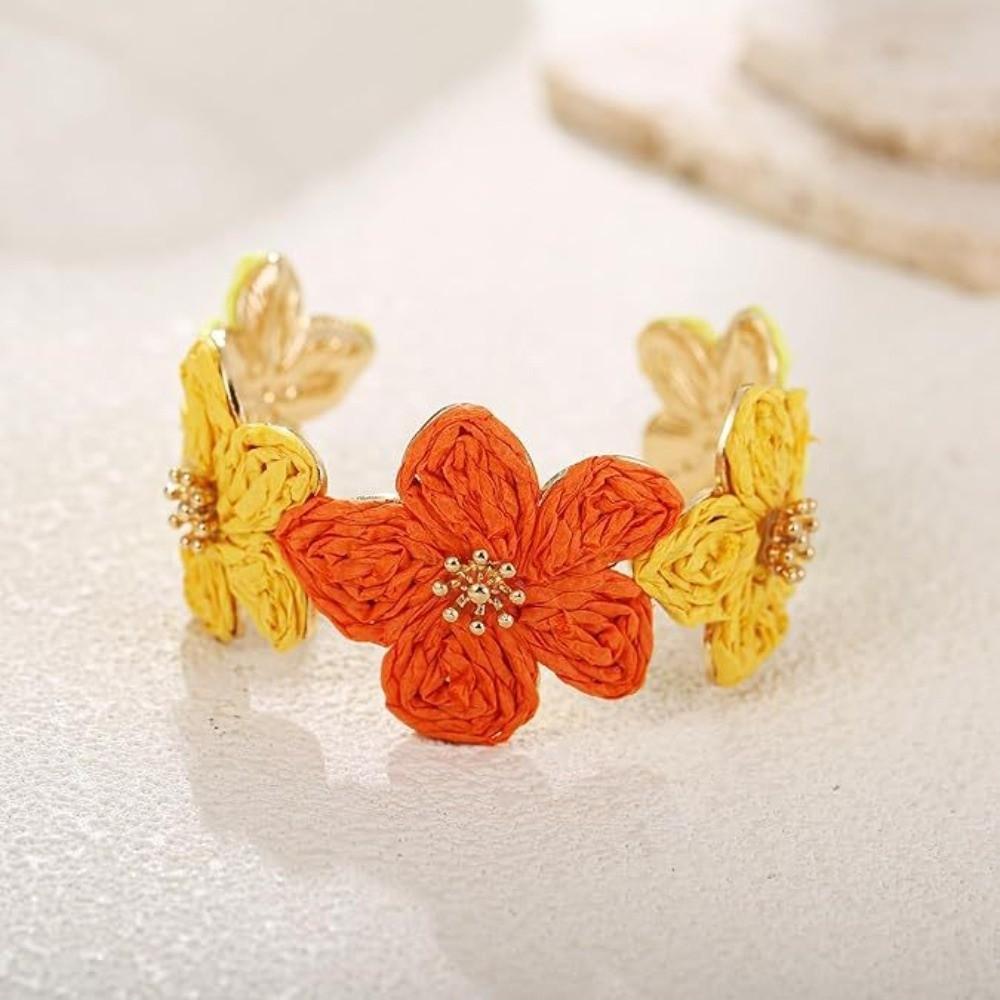 C-shaped Woven Flower Bangle Vintage Hand Ring Retro Raffia Grass Bracelet  Daily