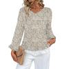 Dámský ležérní módní top s volánky, výstřihem do V, potiskem a dlouhým rukávem