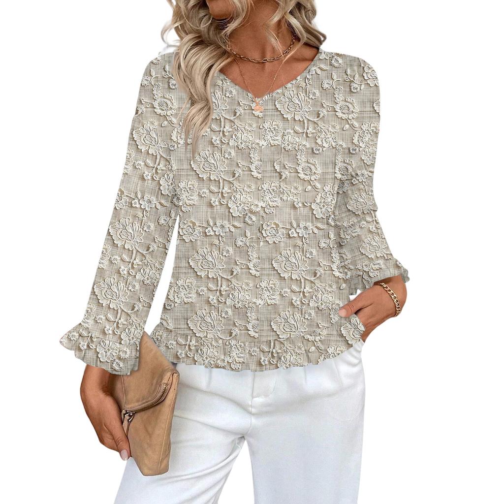 Dámský ležérní módní top s volánky, výstřihem do V, potiskem a dlouhým rukávem