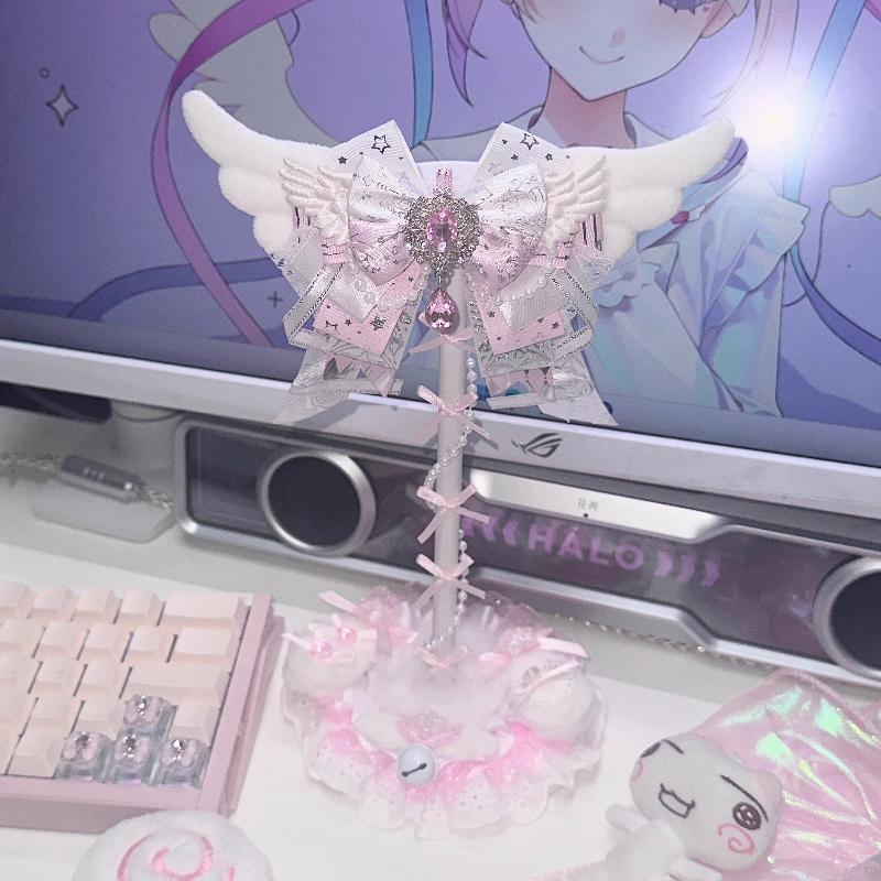 Nuevo Lindo Soporte para Auriculares con Alas de Ángel Personalizado con Lazo de Encaje Rosa Soporte para Auriculares Decoración de Escritorio Kawaii para Exhibición de Auriculares para Gaming