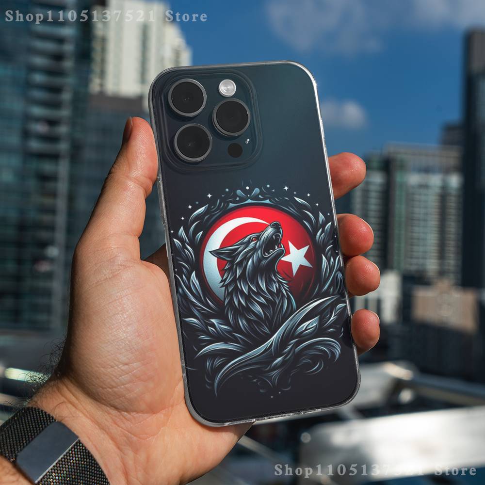 

Cool Turk Wolf Flag Phone Case For iPhone 16,15,17,12,13,14,11 Max,Pro,Plus,X,XS,XR,SE4,E Mini Transparent Cover iPhone14Plus