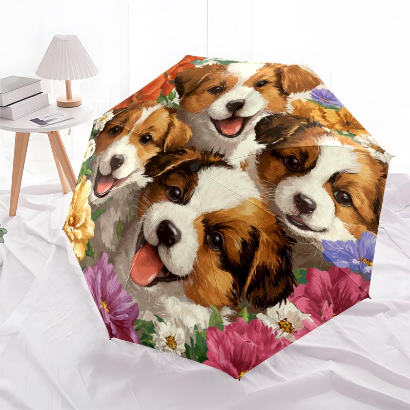 0106 Dog In Flower Bush  Pattern, Automatic Folding Umbrella, Portable and Foldable Design, 8 Ribs, a Christmas or Birthday Gift.