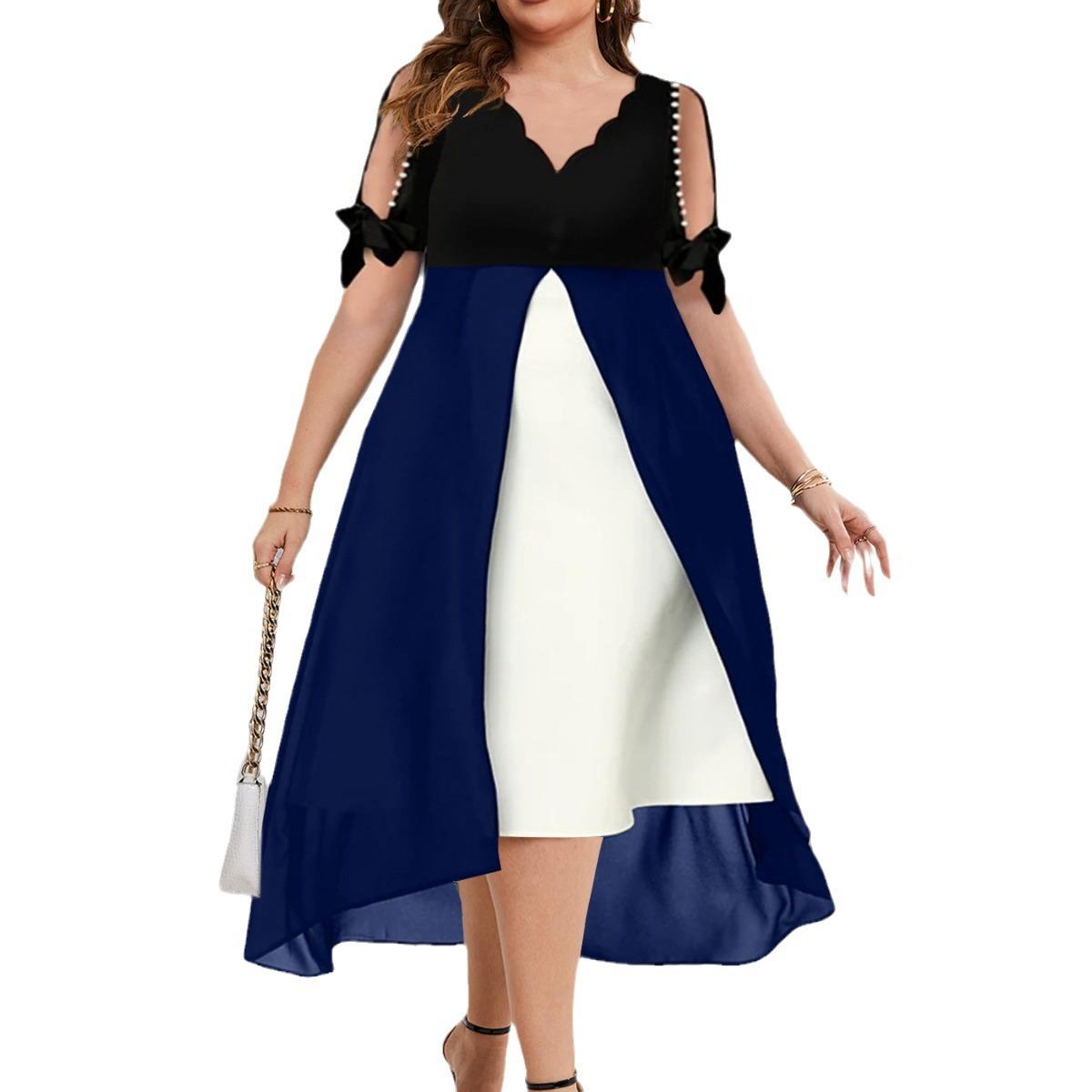 

QICED весна-лето плюс размер женские платья с V-образным вырезом и поддельными двумя нерегулярными рукавами средней длины XXXL