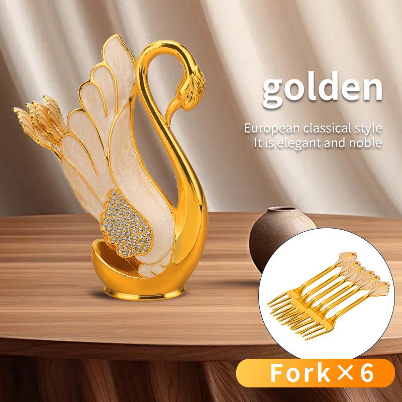 European Luxury Gold & Silver Rhinestone Swan Spoon and Fork Set with Swan Stand
