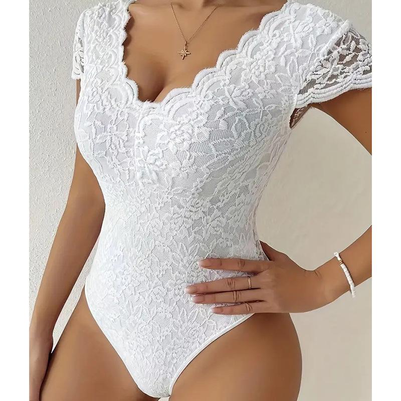 European and American Lace Trim Slimming Short Sleeve Bodysuit