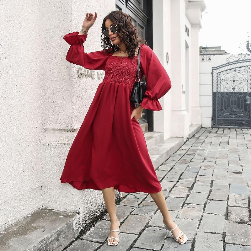 Women's Spring Summer Midi Dress, Flared Sleeves, A-Line, Square Collar, High Waist, Solid Color, S-XL