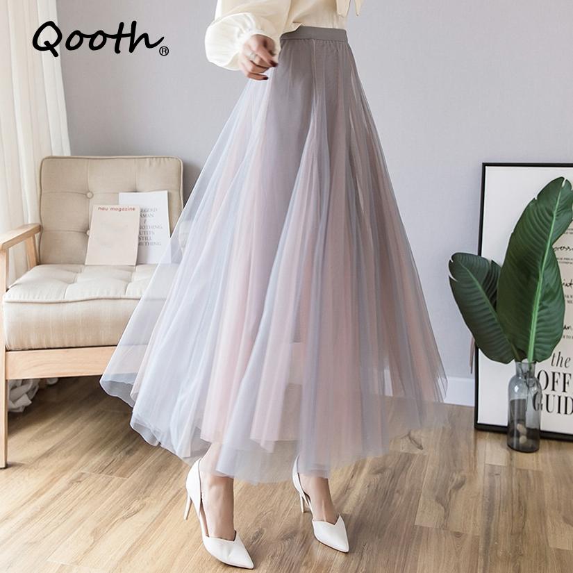 

Qooth Pink Tulle A Line Skirt Mid Length Elegant Full Skirt Simple Casual Skirt for Summer QT2583 L бежевий/сірий