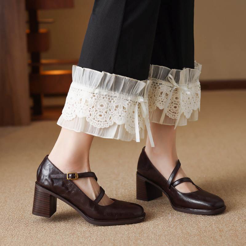 Krazing Pot Sheepskin Round Toe Size 41 Chunky High Heels Buckle Straps Vintage Autumn Pumps