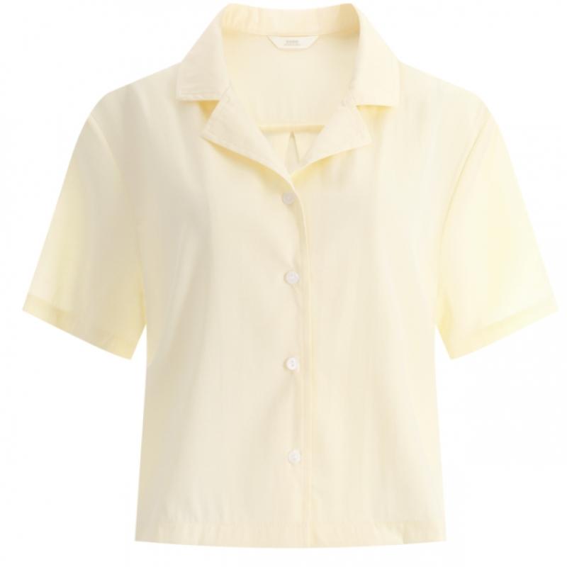 Shop   Women Collar Neck Semi Crop Plain Short Sleeve Blouse Shirt Ivory Ean Wsh