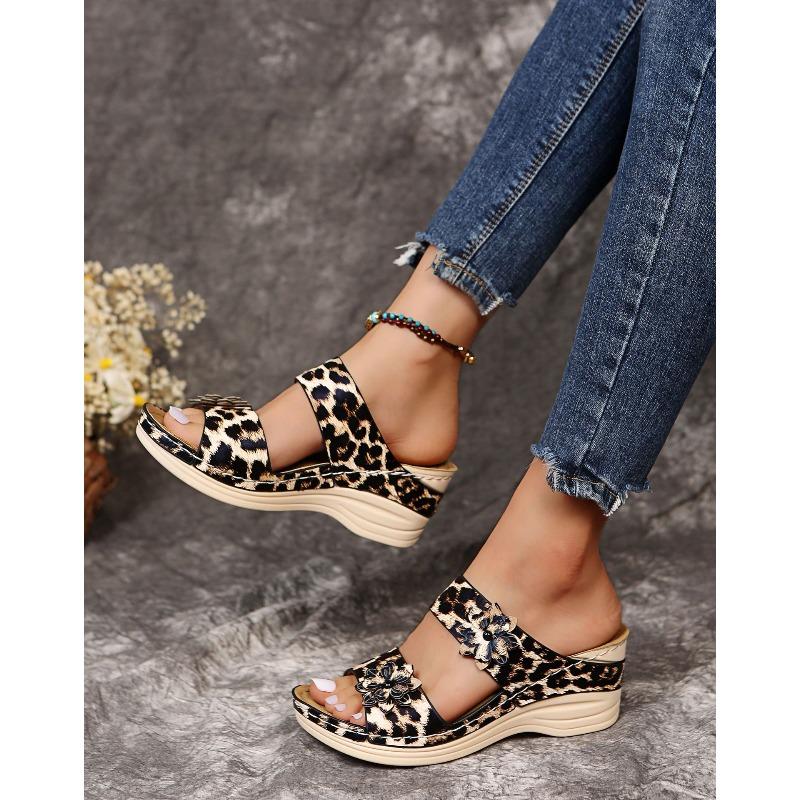 New Women's Plus Size Summer Wedge Sandals Floral & Leopard Print Fish Mouth One-Strap Design