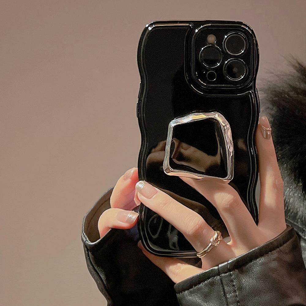 

Роскошный однотонный волнистый чехол с металлическим держателем для iPhone 16 15 14 13 12 11 Pro Max 14 Plus, мягкий силиконовый противоударный чехол For iPhone15&Case & Holder