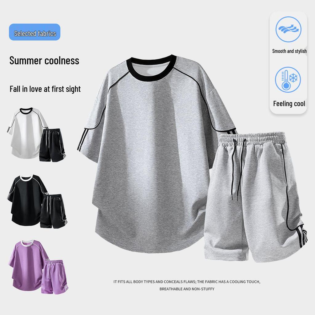 Ice-Cool Cotton Men's Two-Piece Set: Short-Sleeve T-Shirt & Five-Point Pants, Summer 2026 New Style, Casual Sportswear for Students