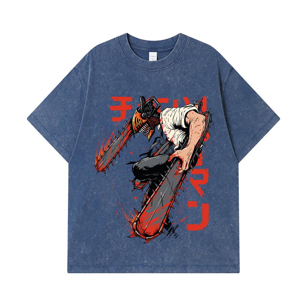 275 GSM Washed T-shirts 100% Cotton Chainsaw Man V21 Denji Print Unisex Heavy Cotton T Shirt