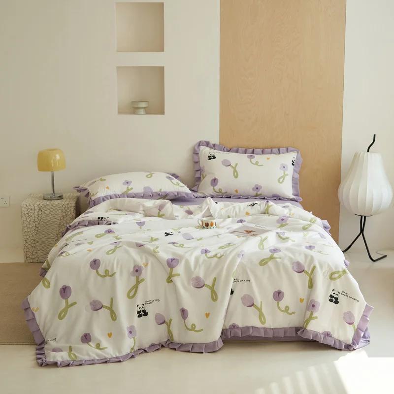 Botanical Flowers Pattern Ruffled Quilt Summer Cool Air Conditioning Quilt Skin-friendly Soft Thin Blanket for Kids Boys Girls