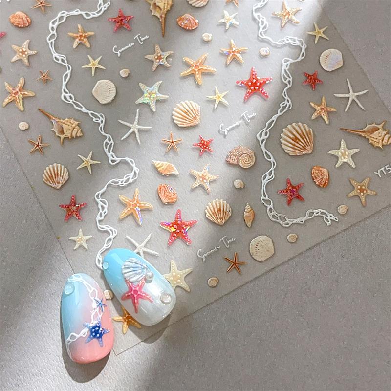 1Sheet 5D Summer Seashell Nail Sticker Shiny Embossed Starfish Nails Stickers Summer Beach Sea Conch Nail Decals Decoration