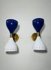 Mid Century Italian Brass Diabolo Wall Sconce Pair - Dark Blue & White
