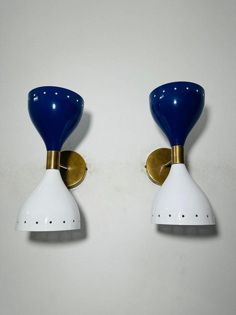 Mid Century Italian Brass Diabolo Wall Sconce Pair - Dark Blue & White