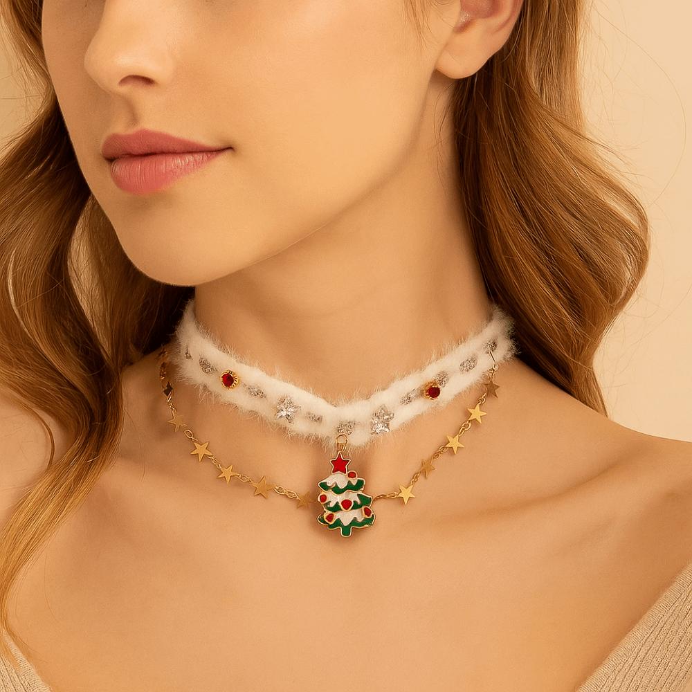 Christmas Tree Christmas Plush Choker Hairball Xmas Clavicle Chain Bow Pendant Necklace  Winter