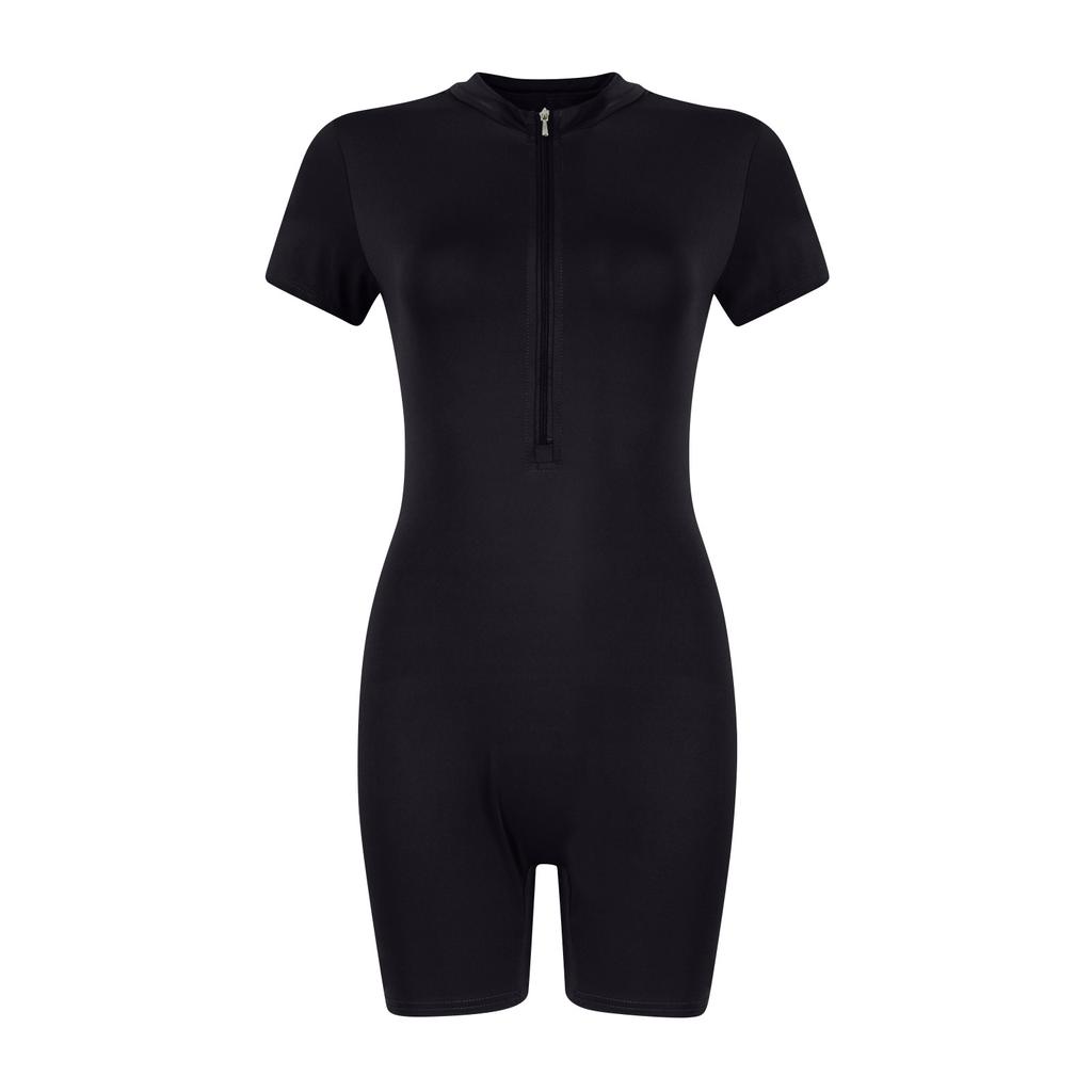 Women's Solid Color Zippered Open Necked Tight And Elastic Three Piece Jumpsuit Yoga Suit